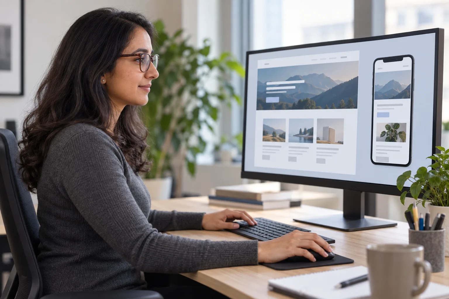 A Euro Netstart team member working on desktop and mobile website layouts.