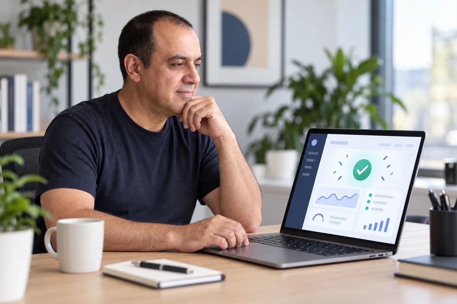 A Euro Netstart team member reviewing website launch status on a laptop.