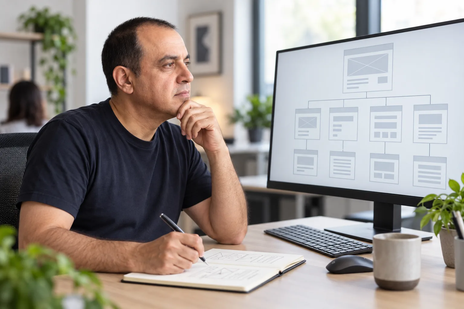 A Euro Netstart team member planning a website structure on a large screen.