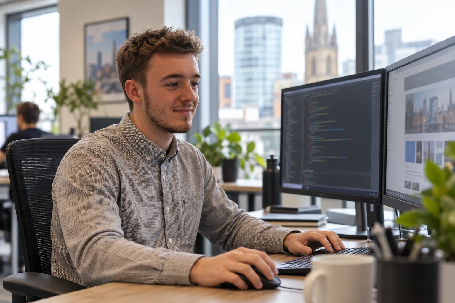 A developer building a business website in a professional Birmingham office.