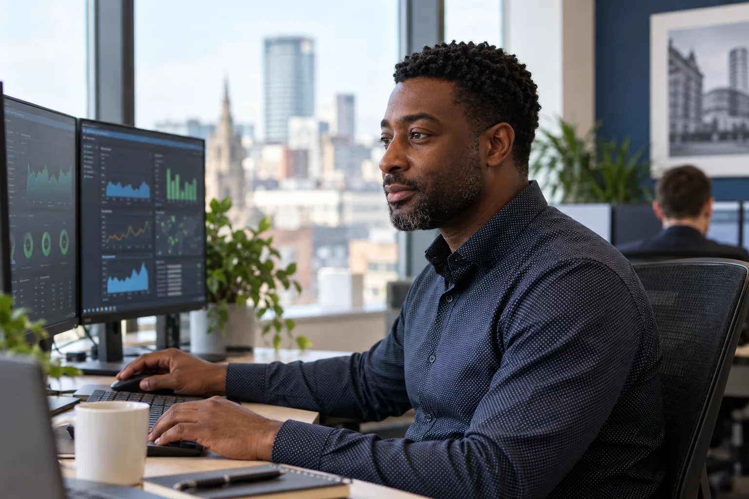 A technical specialist monitoring website systems in a professional office.
